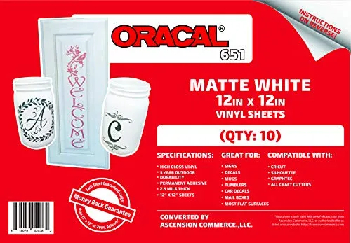 (10) 12" x 12" Sheets - Oracal 651 Matte White Adhesive Craft Vinyl for Cricut, Silhouette, Cameo, Craft Cutters, Printers, and Decals - Matte Finish