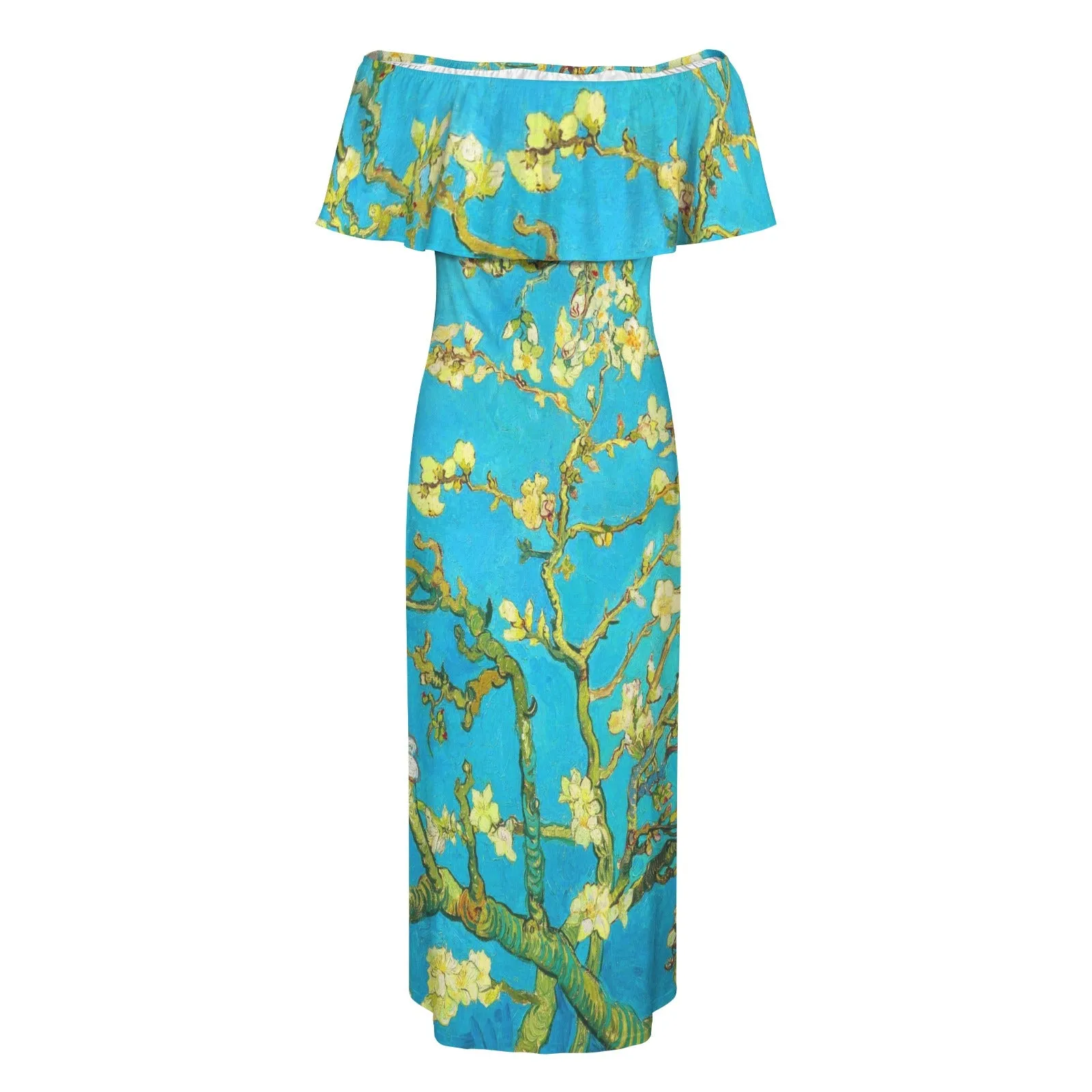 2 small blue almond art Women's Off Shoulder Ruffle Boat Neck Dress (Model D71)