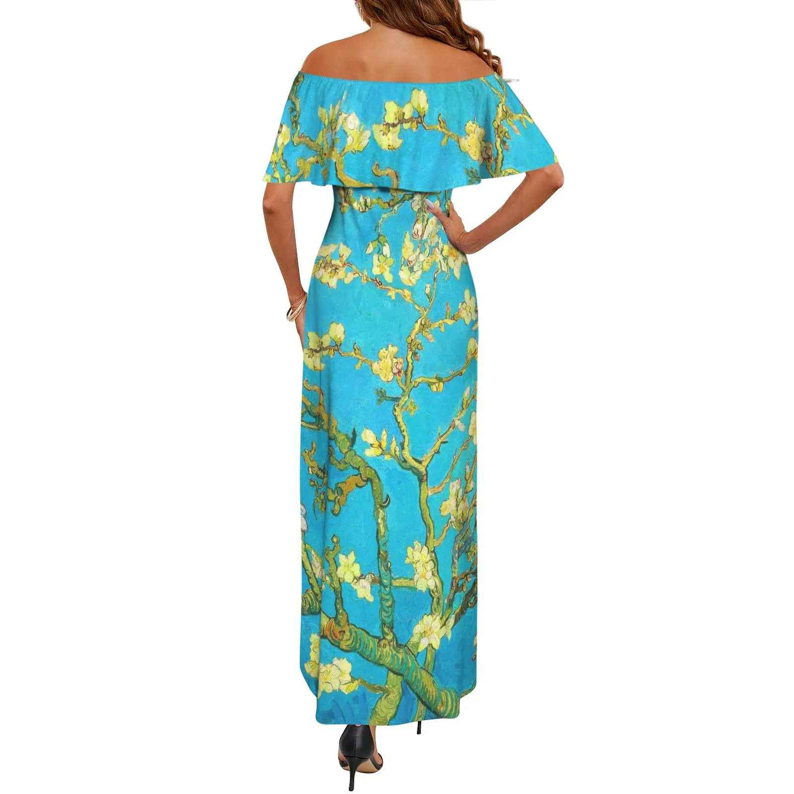 2 small blue almond art Women's Off Shoulder Ruffle Boat Neck Dress (Model D71)