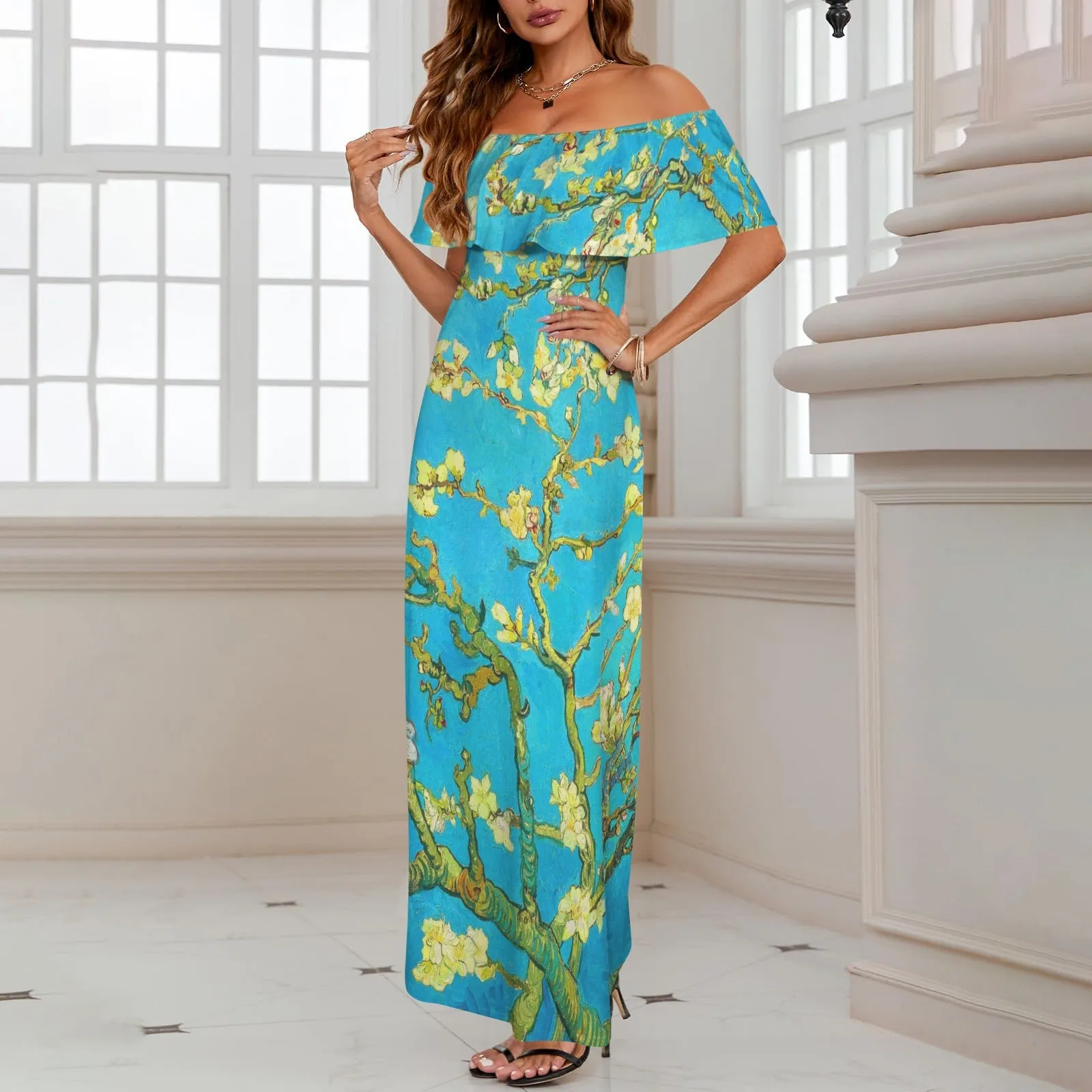 2 small blue almond art Women's Off Shoulder Ruffle Boat Neck Dress (Model D71)