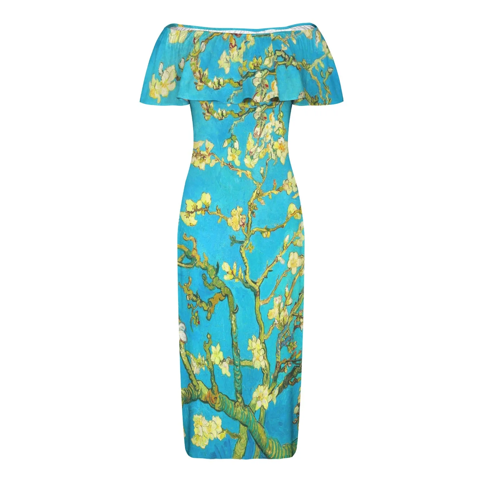 2 small blue almond art Women's Off Shoulder Ruffle Boat Neck Dress (Model D71)