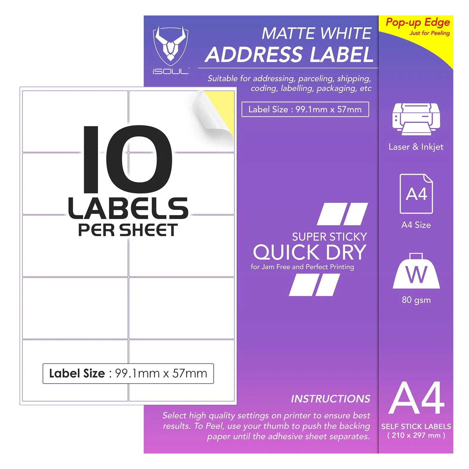 A4 Address Labels Sticky Self Adhesive 10 Per Sheet 99.1 mm X 57mm