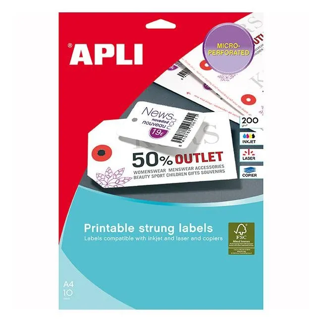 Apli printable strung tickets 10234 36x53mm pk10 sheets 250 labels