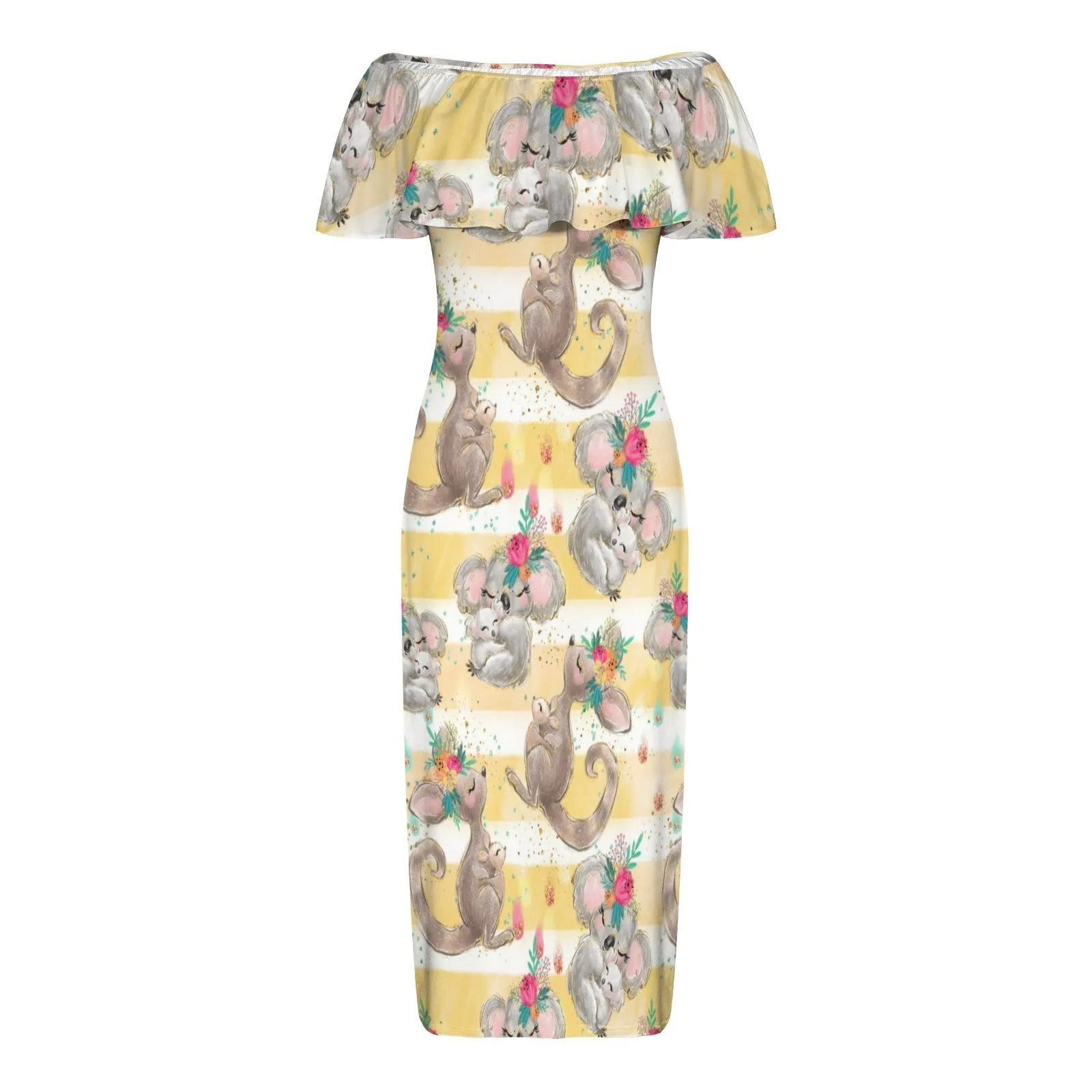 Australian Animals Koala, Kangaroo Candy Stripe Women's Off Shoulder Ruffle Boat Neck Dress (Model D71)