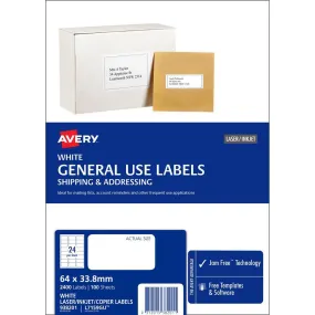 Avery 938201 L7159 General Use Laser Inkjet Copier Label 24Up White Pack 100