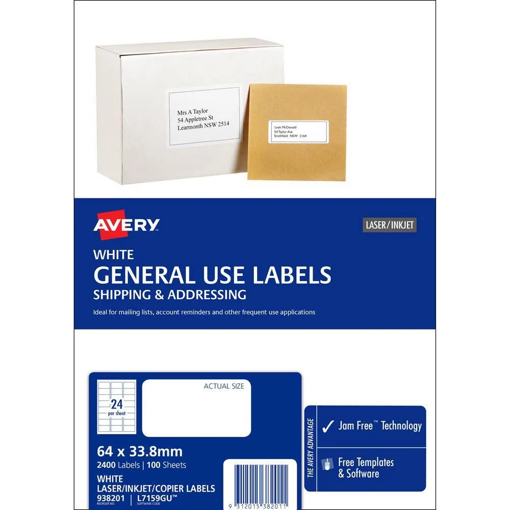 Avery 938201 L7159 General Use Laser Inkjet Copier Label 24Up White Pack 100