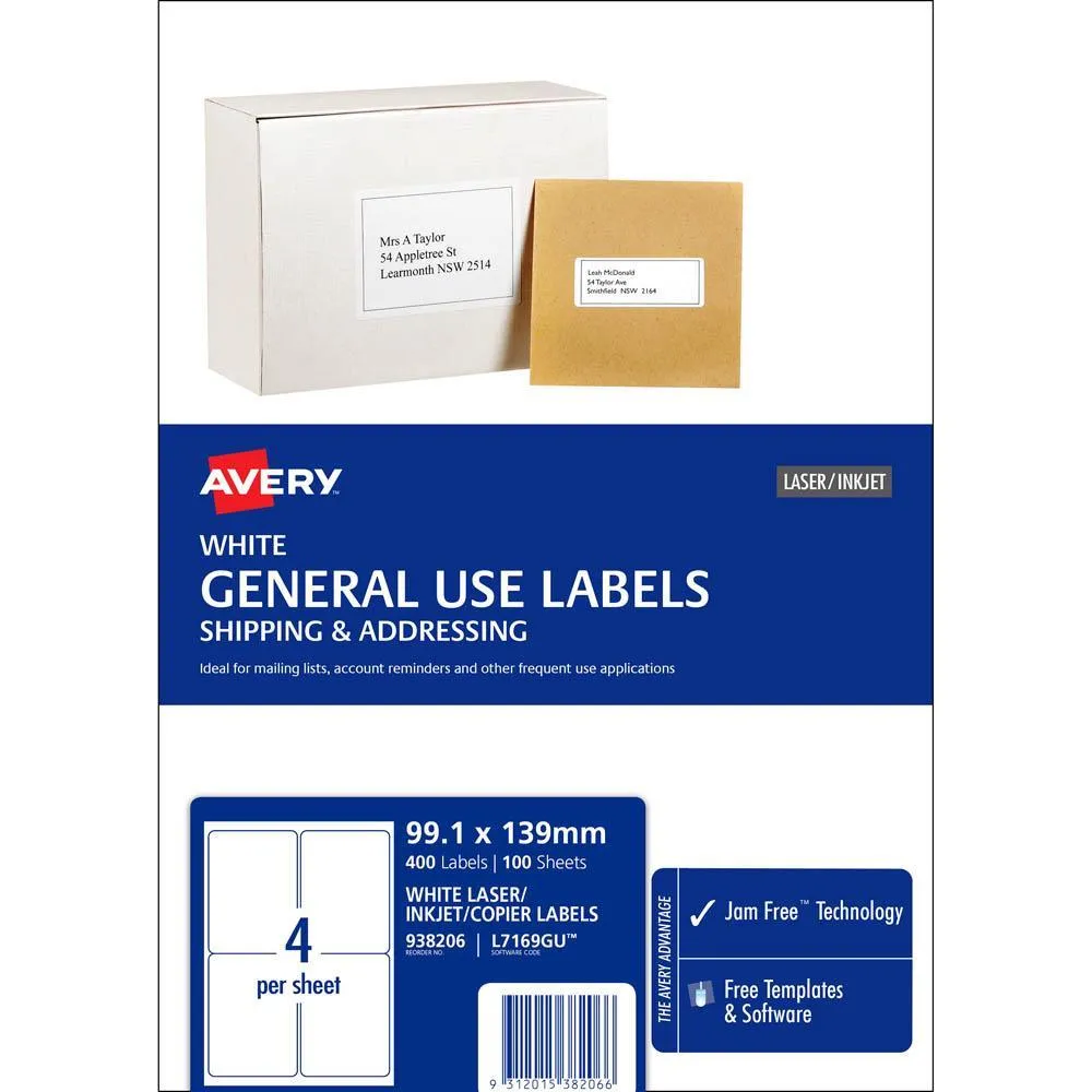 Avery 938206 L7169 General Use Laser Inkjet Copier Label 4Up White Pack 100