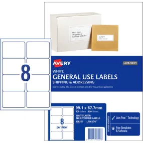 Avery 938207 L7165 General Use Laser Inkjet Copier Label 8/Page White Pack 100