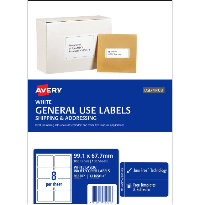 Avery 938207 L7165 General Use Laser Inkjet Copier Label 8/Page White Pack 100