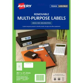 Avery 959049 L7651Rev Removable Multi-Purose Label Laser Inkjet 65Up White Pack 25