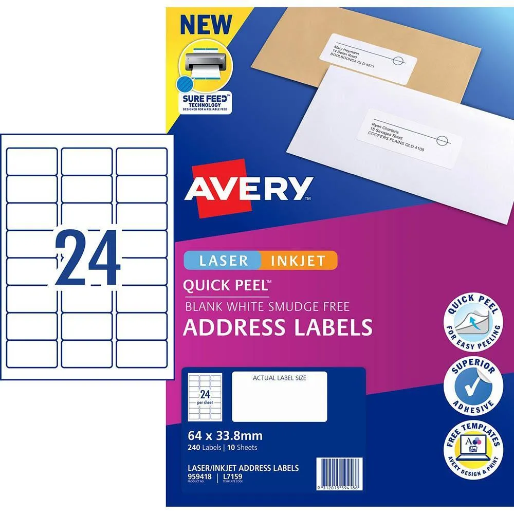 Avery 959418 L7159 Quick Peel Address Label With Sure Feed Laser 24Up White Pack 10