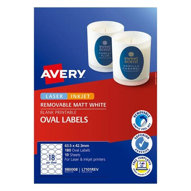 Avery Label L7101REV Oval White 18up 10 Sheets