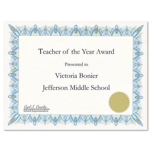 Award Certificates With Gold Seals, 8.5 X 11, Unique Blue With White Border, 25/pack