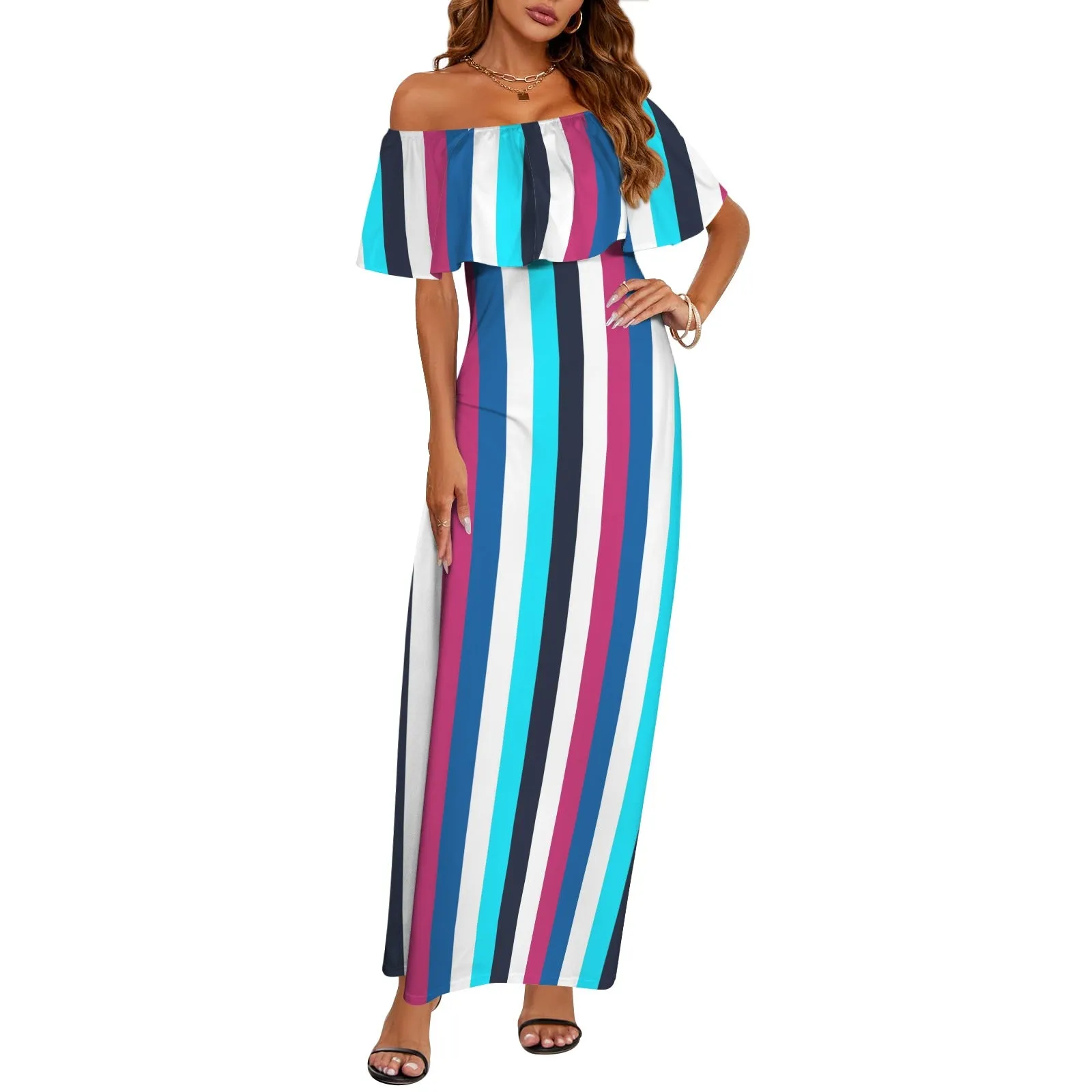 barcode color bar print 5b Women's Off Shoulder Ruffle Boat Neck Dress (Model D71)