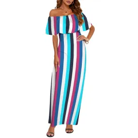 barcode color bar print 5b Women's Off Shoulder Ruffle Boat Neck Dress (Model D71)