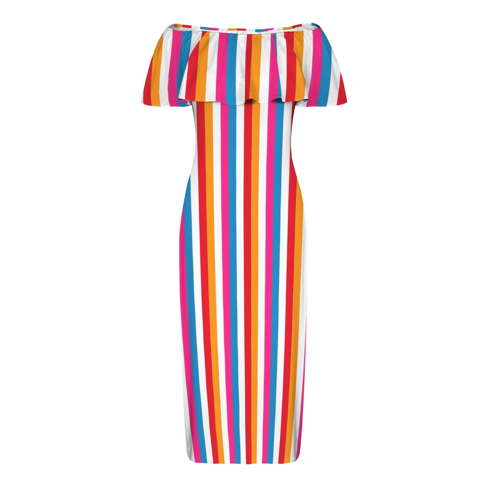 barcode color block striped print 3 Women's Off Shoulder Ruffle Boat Neck Dress (Model D71)