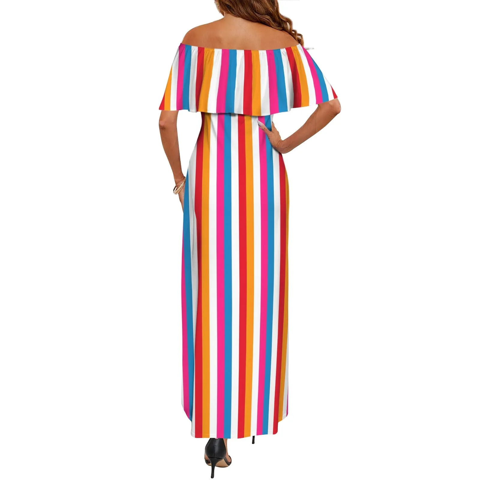 barcode color block striped print 3 Women's Off Shoulder Ruffle Boat Neck Dress (Model D71)