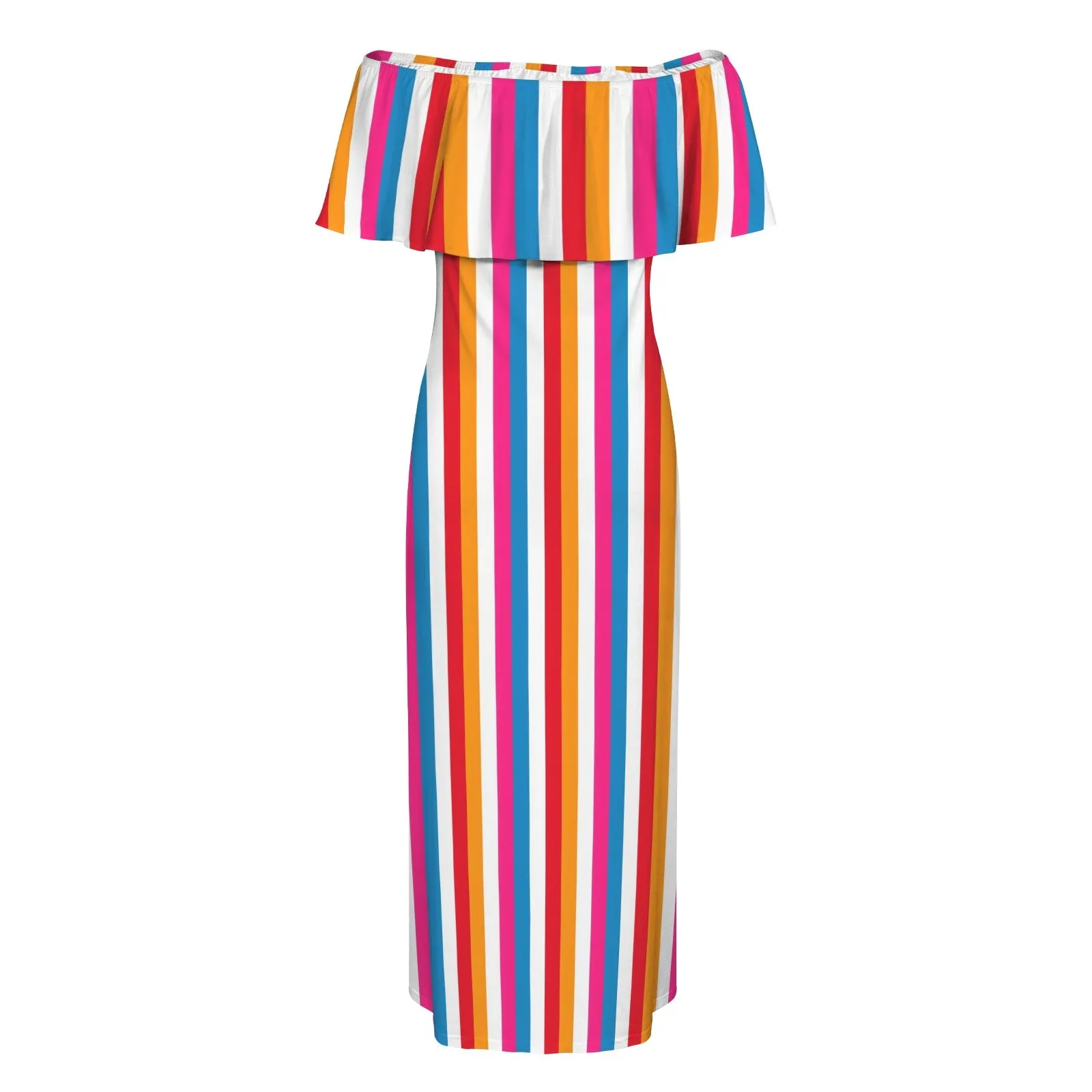 barcode color block striped print 3 Women's Off Shoulder Ruffle Boat Neck Dress (Model D71)