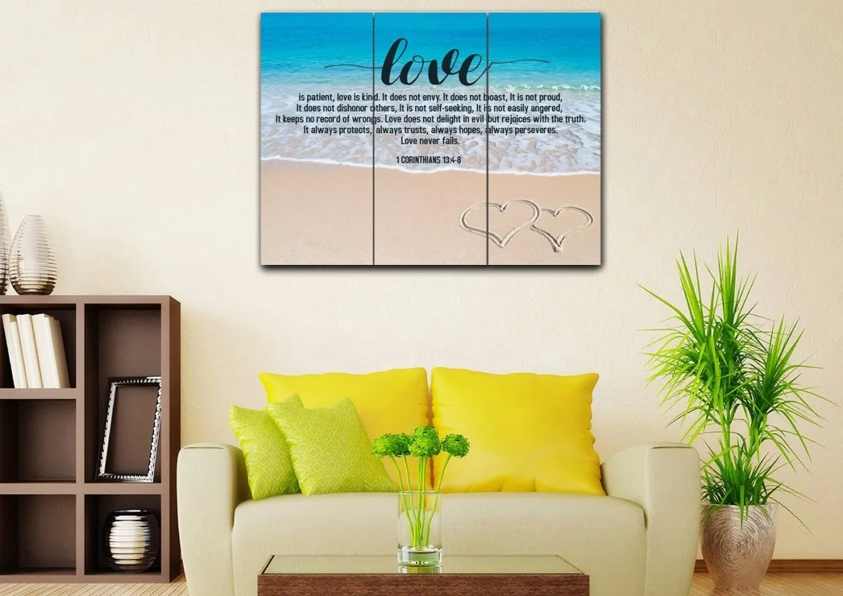 Beach Hearts Love Is Patient, Love Is Kind Wall Art - Christian Canvas Wall Art