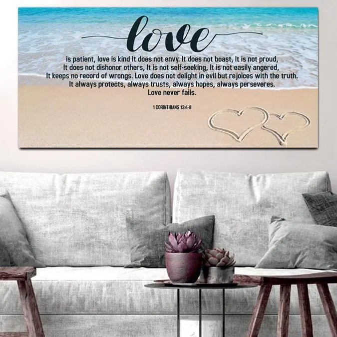 Beach Hearts Love Is Patient, Love Is Kind Wall Art - Christian Canvas Wall Art
