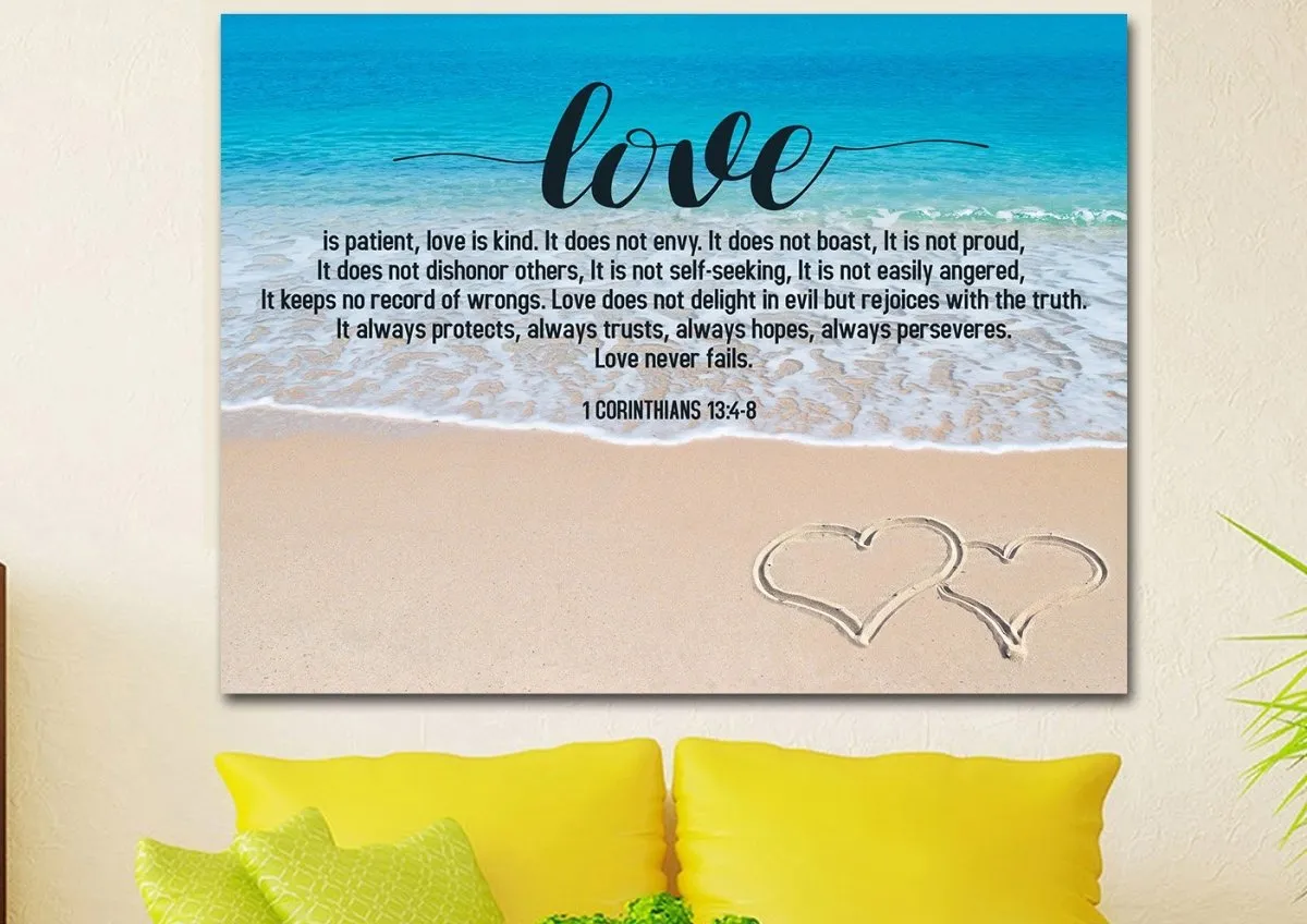 Beach Hearts Love Is Patient, Love Is Kind Wall Art - Christian Canvas Wall Art