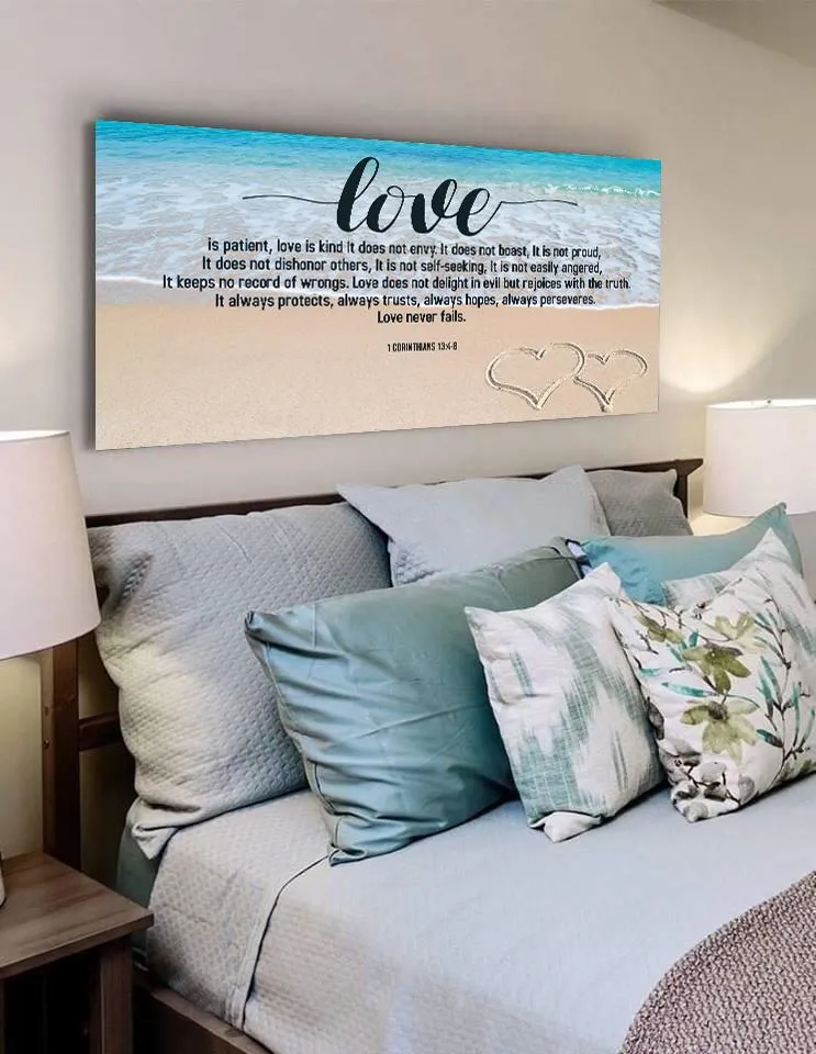 Beach Hearts Love Is Patient, Love Is Kind Wall Art - Christian Canvas Wall Art