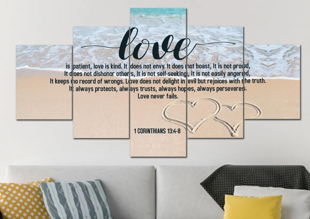 Beach Hearts Love Is Patient, Love Is Kind Wall Art - Christian Canvas Wall Art