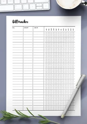 Bill Tracker, Digital, Printable, Includes bill name, amount, due date and month
