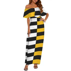 black solid print skirt Women's Off Shoulder Ruffle Boat Neck Dress (Model D71)