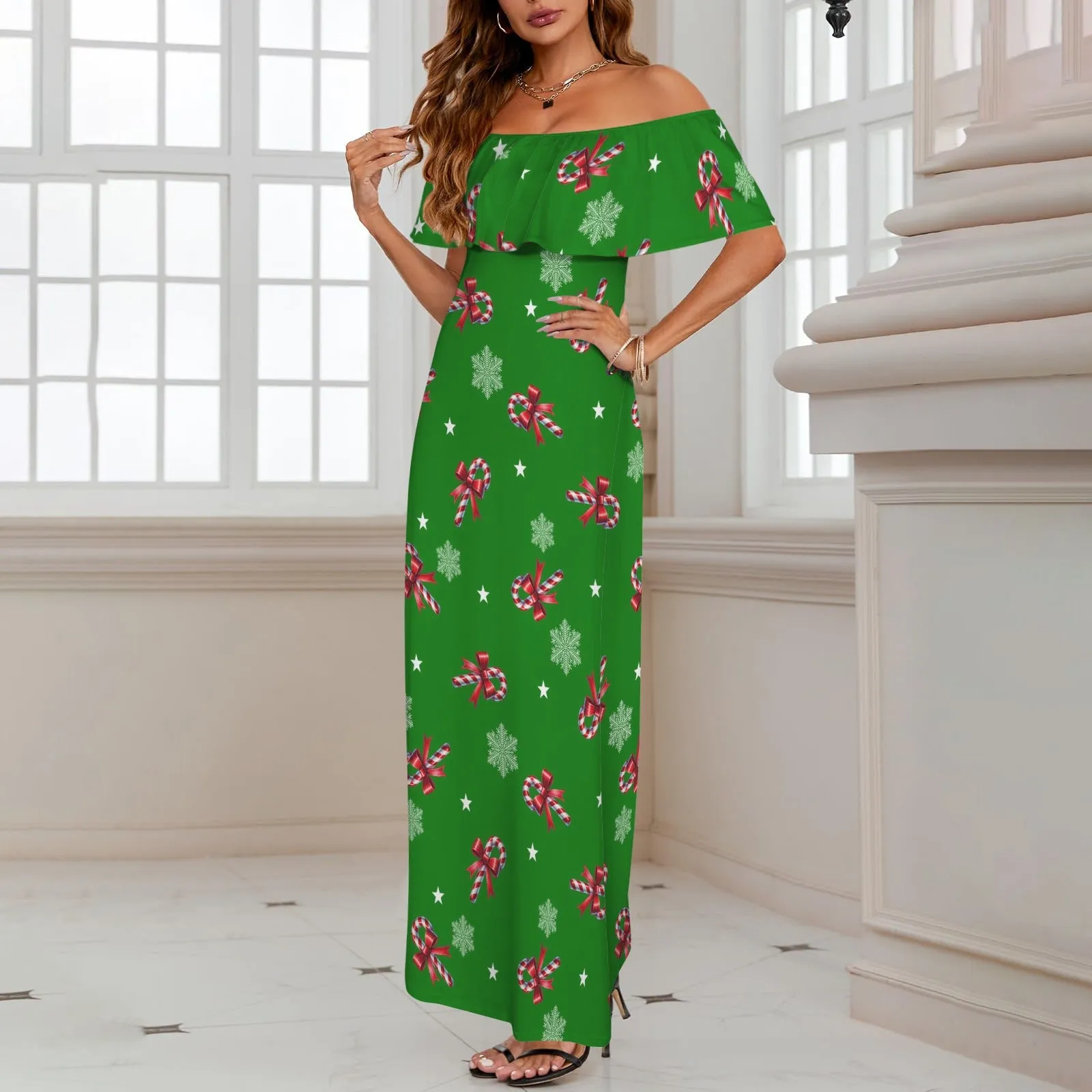 bright xmas candy cane print 5B Women's Off Shoulder Ruffle Boat Neck Dress (Model D71)