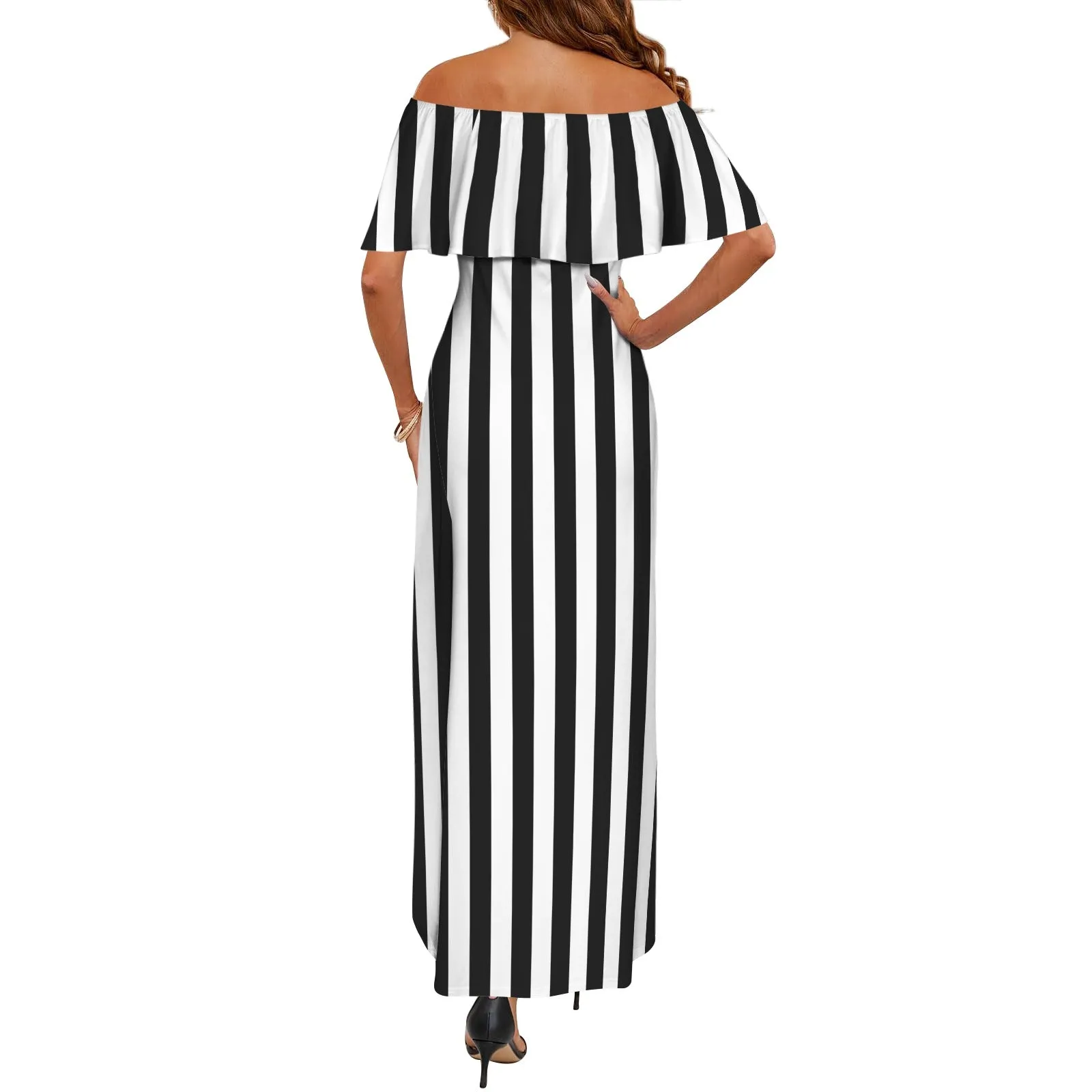 bw striped 11k Women's Off Shoulder Ruffle Boat Neck Dress (Model D71)