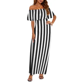 bw striped 11k Women's Off Shoulder Ruffle Boat Neck Dress (Model D71)
