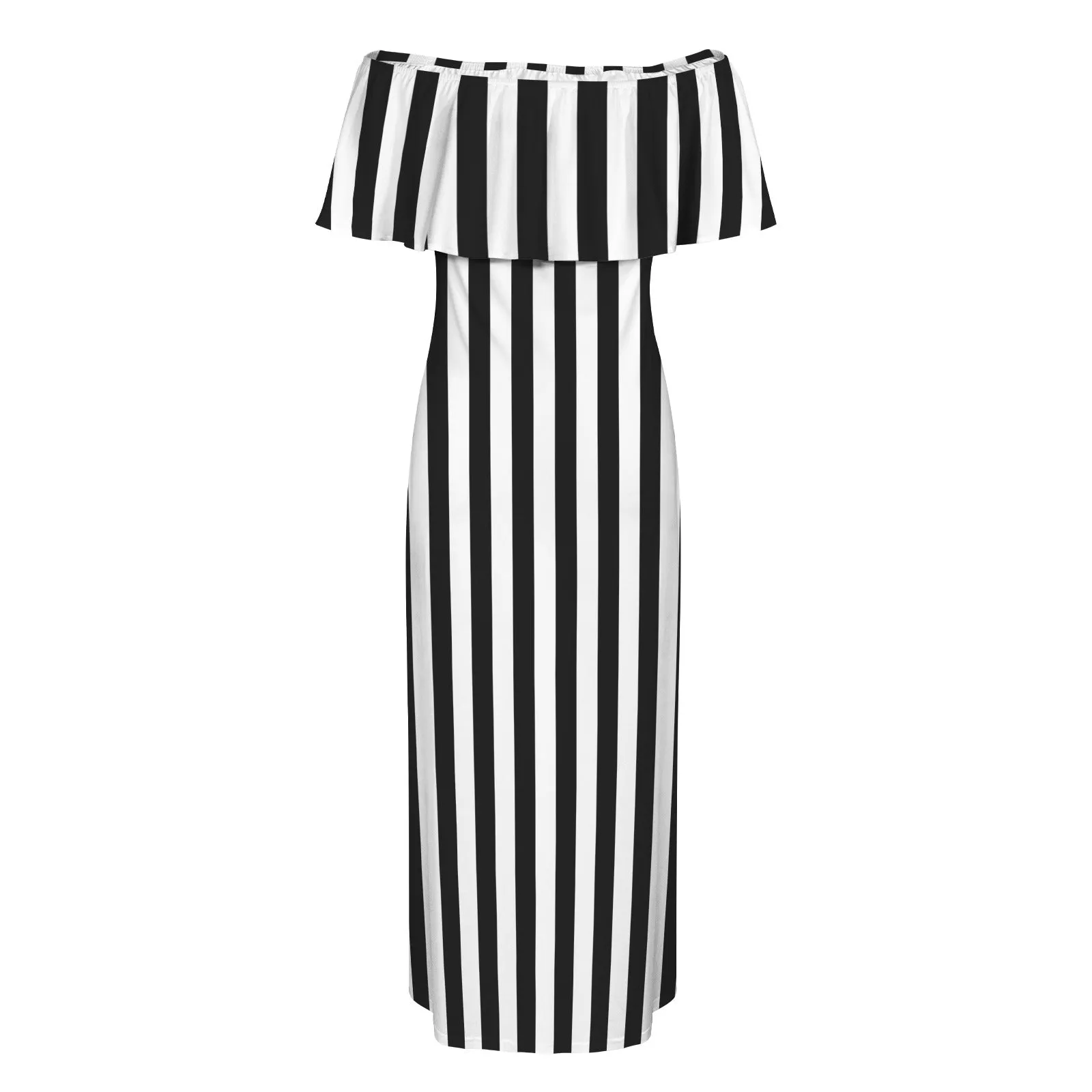 bw striped 11k Women's Off Shoulder Ruffle Boat Neck Dress (Model D71)