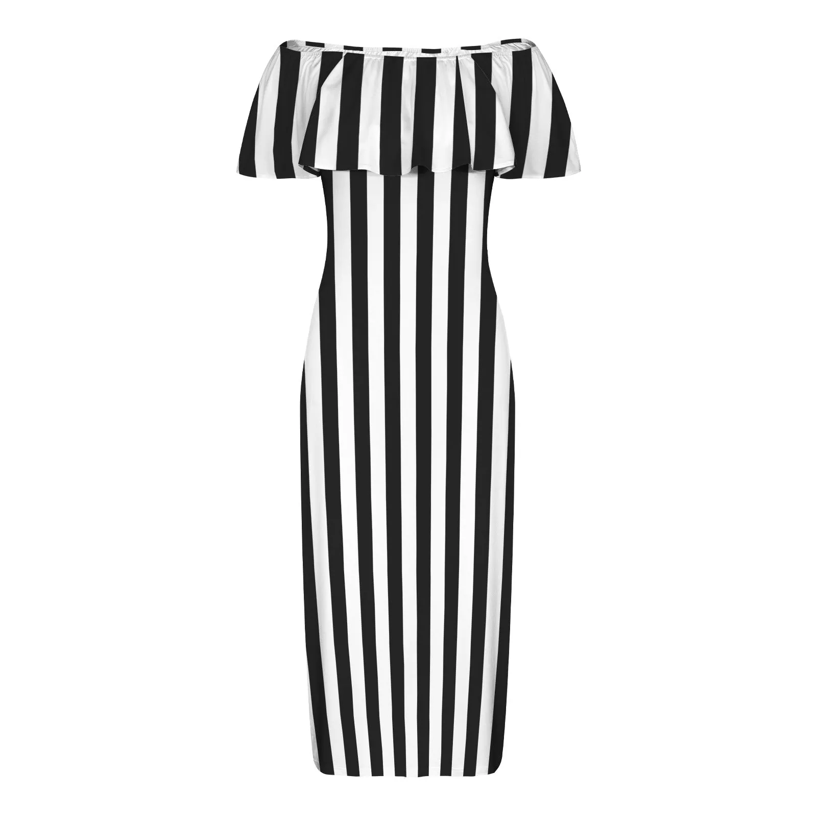 bw striped 11k Women's Off Shoulder Ruffle Boat Neck Dress (Model D71)