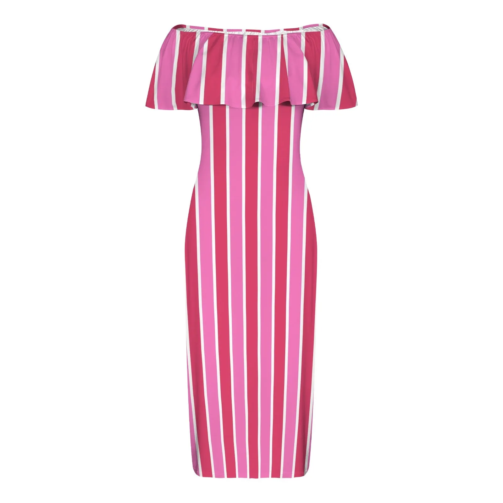 candy cane striped print Women's Off Shoulder Ruffle Boat Neck Dress (Model D71)