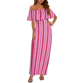 candy cane striped print Women's Off Shoulder Ruffle Boat Neck Dress (Model D71)
