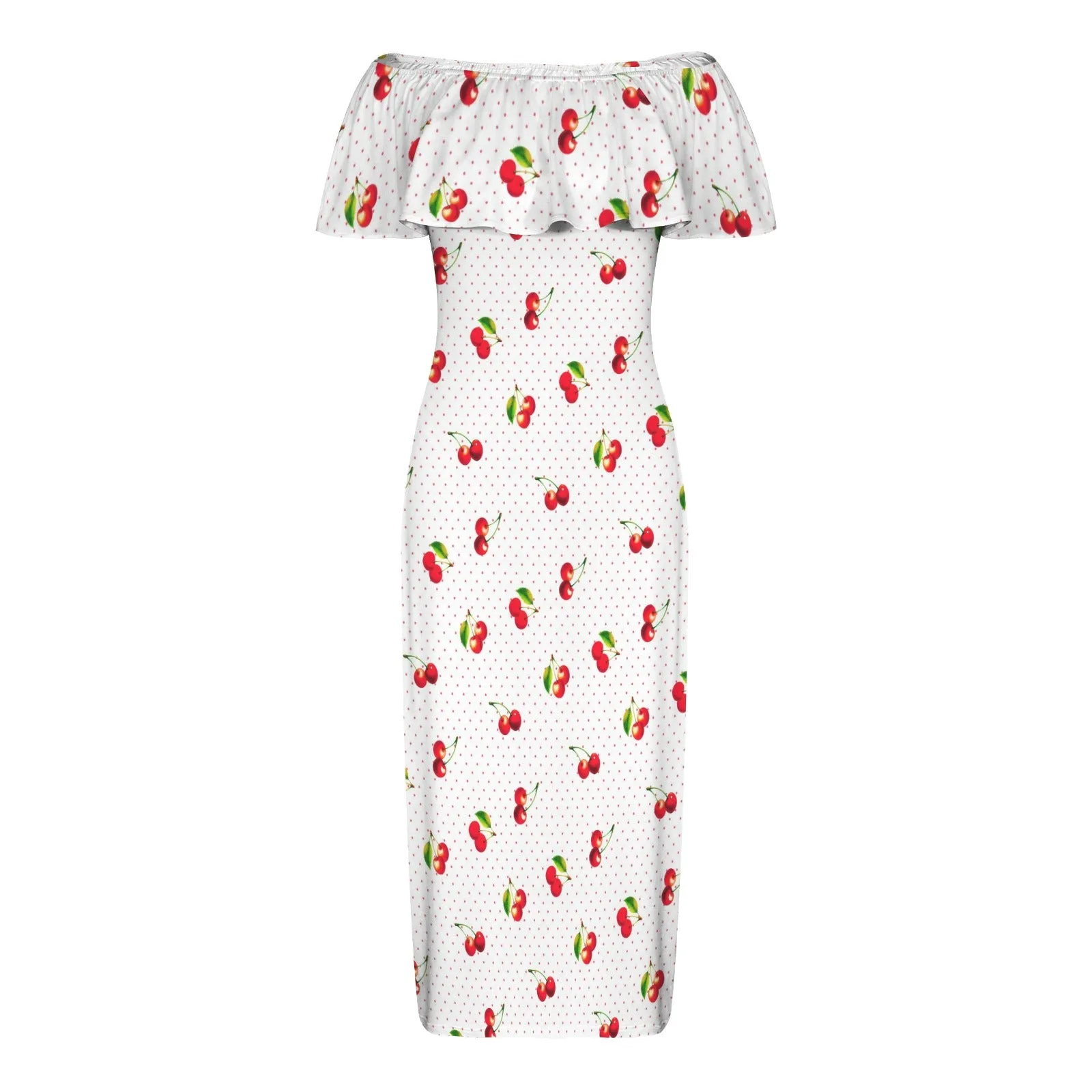cherry print 4B Women's Off Shoulder Ruffle Boat Neck Dress (Model D71)