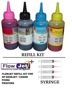 Flowjet Best Selling Photo Quality Refill Ink Bottle Kit with 4nos Free Syringe and needles For Refilling Of HP Deskjet & Canon Inkjet Printers For Accurate Printing.