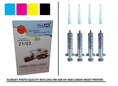 Flowjet Best Selling Photo Quality Refill Ink Bottle Kit with 4nos Free Syringe and needles For Refilling Of HP Deskjet & Canon Inkjet Printers For Accurate Printing.