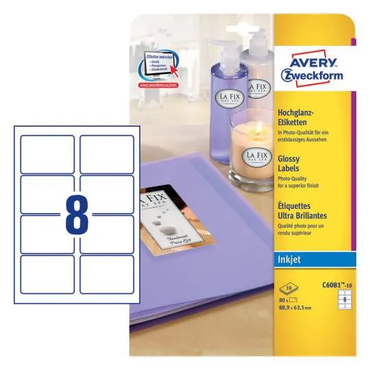Glossy labels88.9 x 63.5 mm, Inkjet, high-gloss