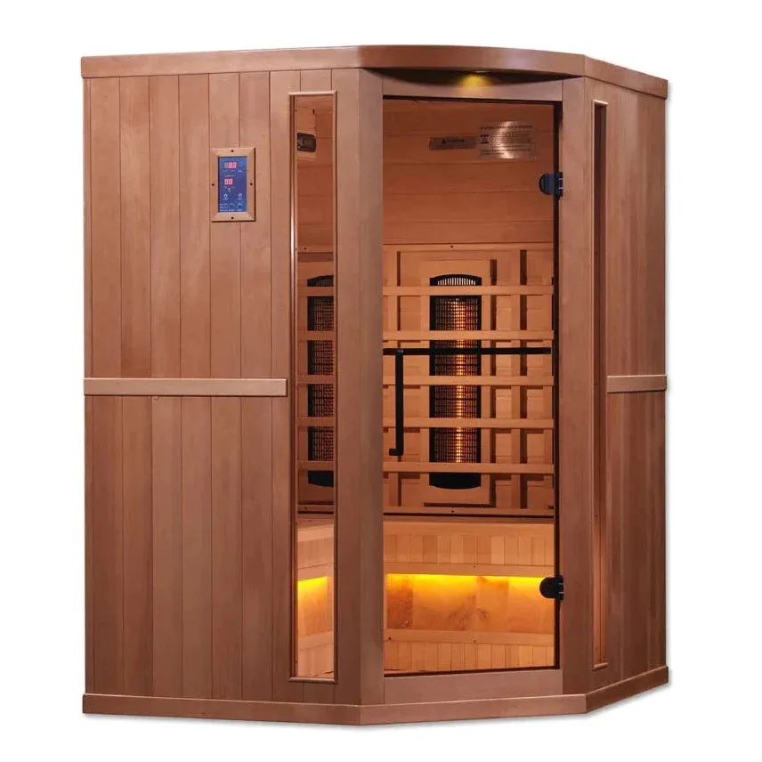 Golden Designs 3-Person Corner Full Spectrum PureTech™ Near Zero EMF FAR Infrared Sauna with Himalayan Salt Bar (Canadian Hemlock) GDI-8035-02