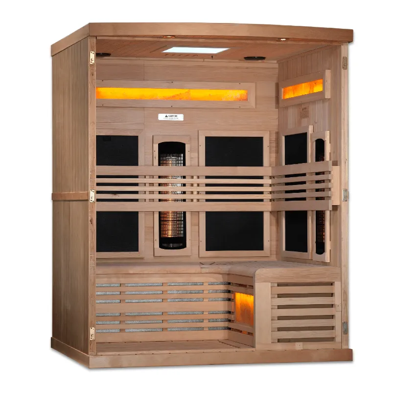 Golden Designs 3-Person Full Spectrum PureTech™ Near Zero EMF FAR Infrared Sauna with Himalayan Salt Bar & Canadian Hemlock | GDI-8230-01