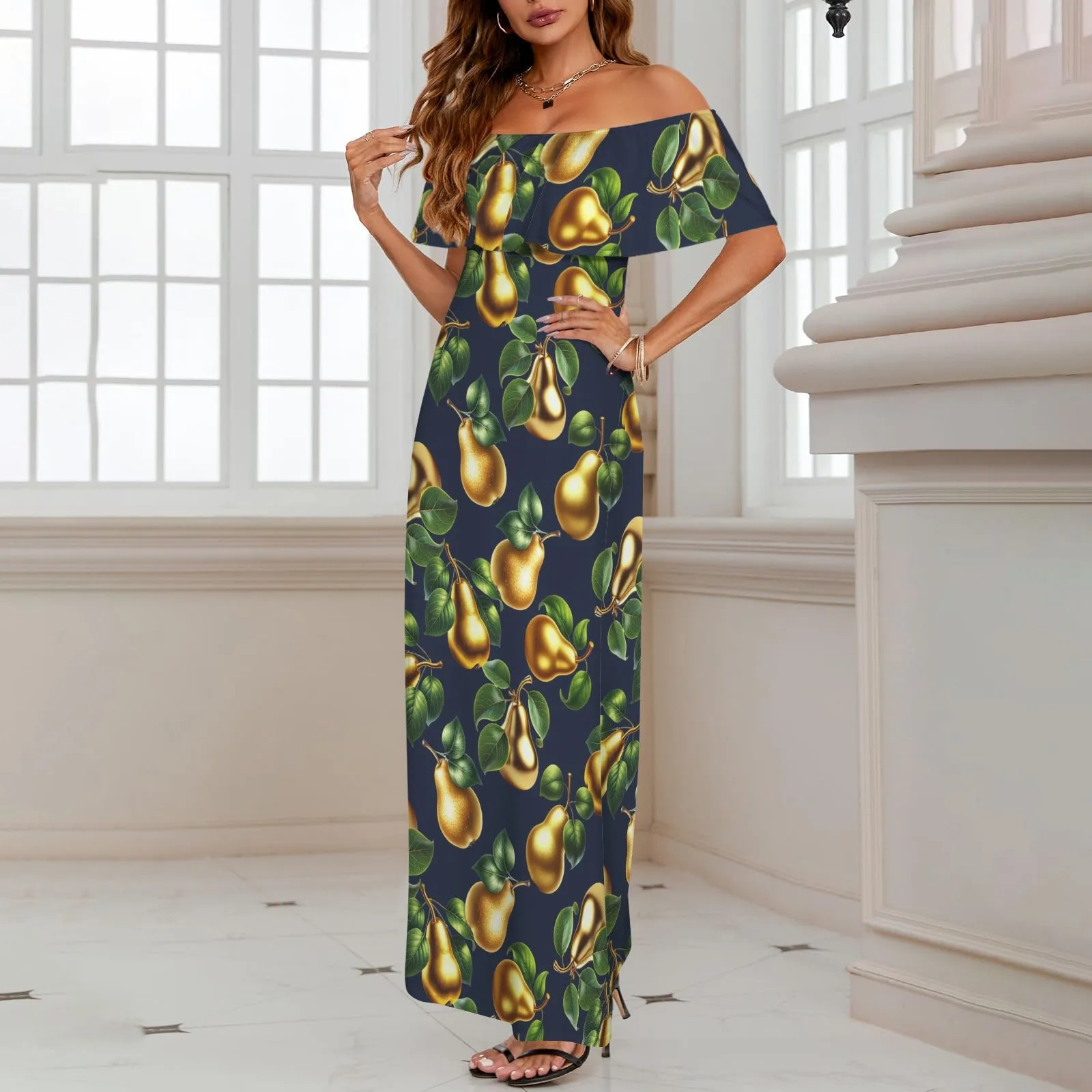 golden pear on blue on print Women's Off Shoulder Ruffle Boat Neck Dress (Model D71)