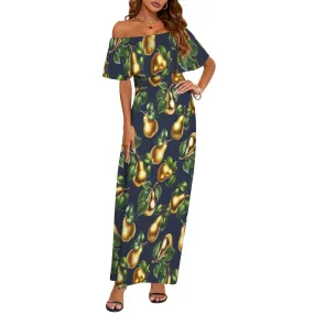 golden pear on blue on print Women's Off Shoulder Ruffle Boat Neck Dress (Model D71)