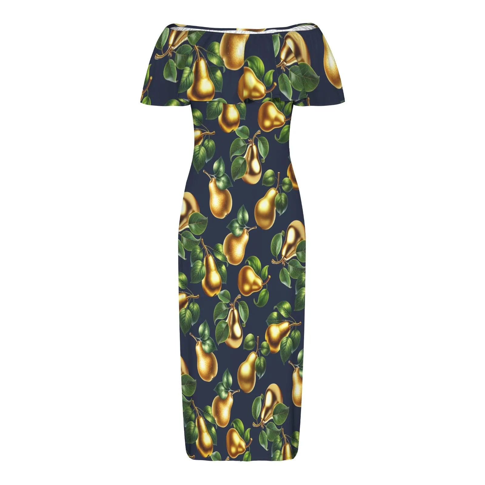 golden pear on blue on print Women's Off Shoulder Ruffle Boat Neck Dress (Model D71)