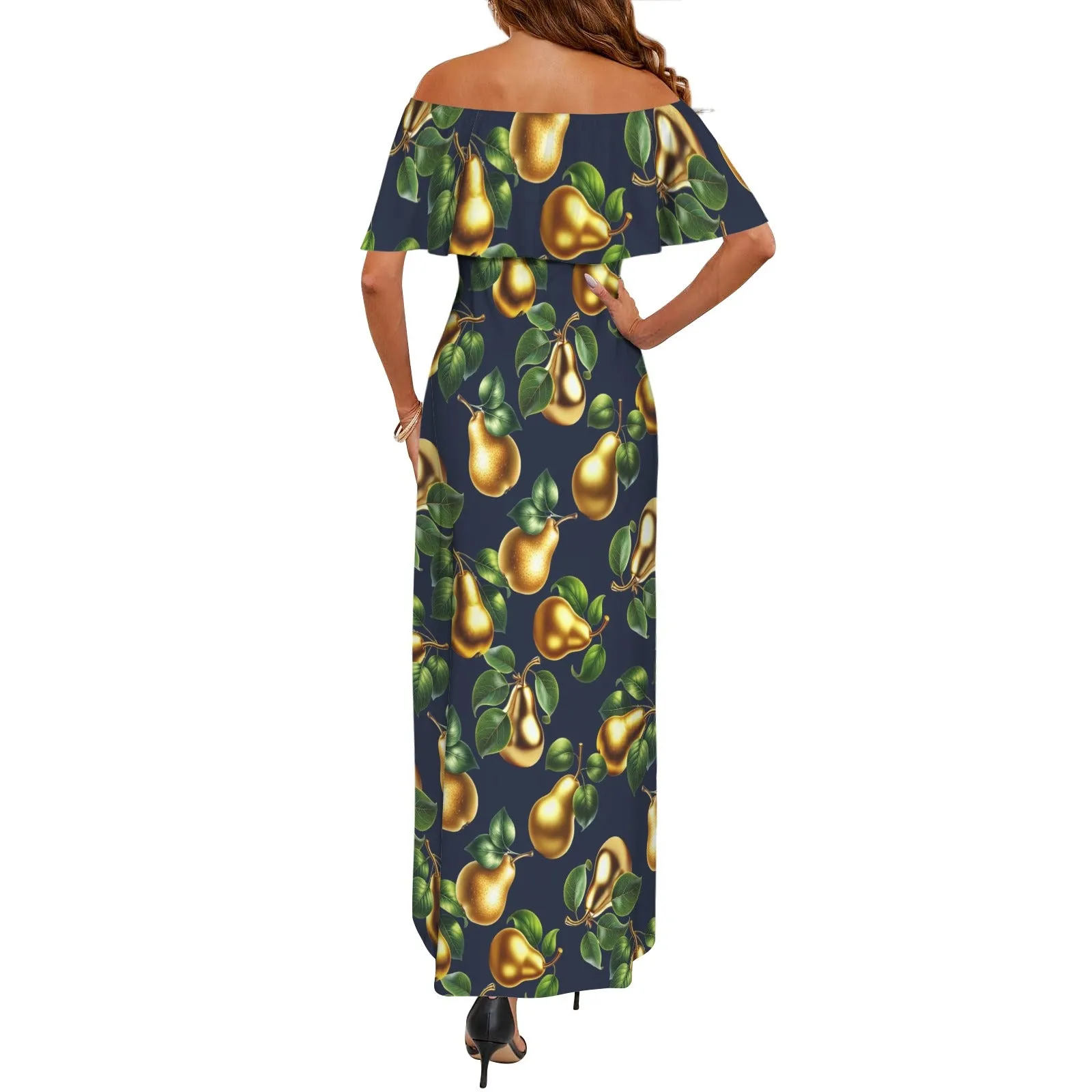 golden pear on blue on print Women's Off Shoulder Ruffle Boat Neck Dress (Model D71)