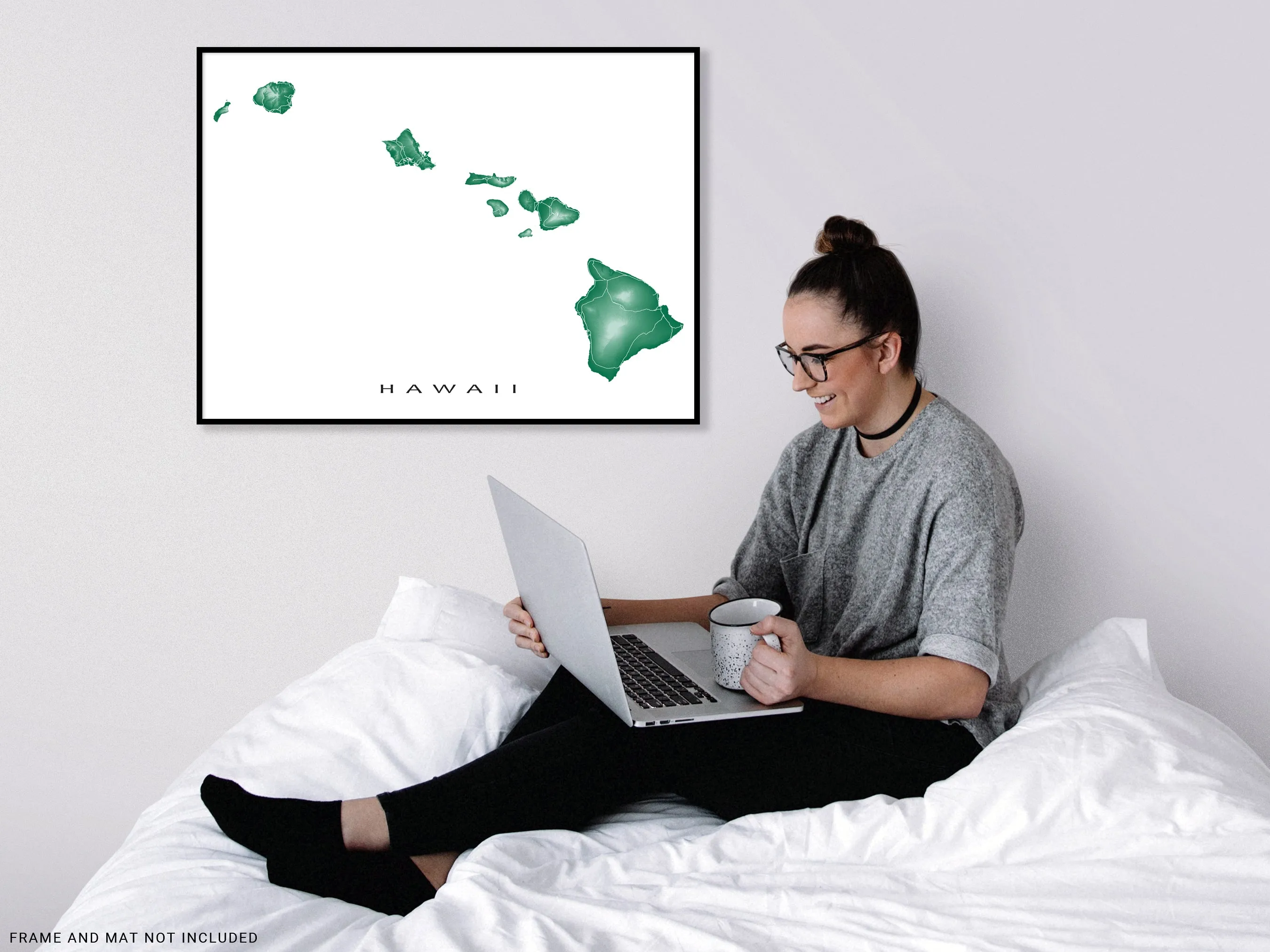 Hawaii Map Wall Art Print Poster, Topographic Hawaiian Islands Road Maps, Maui Honolulu Kauai Oahu
