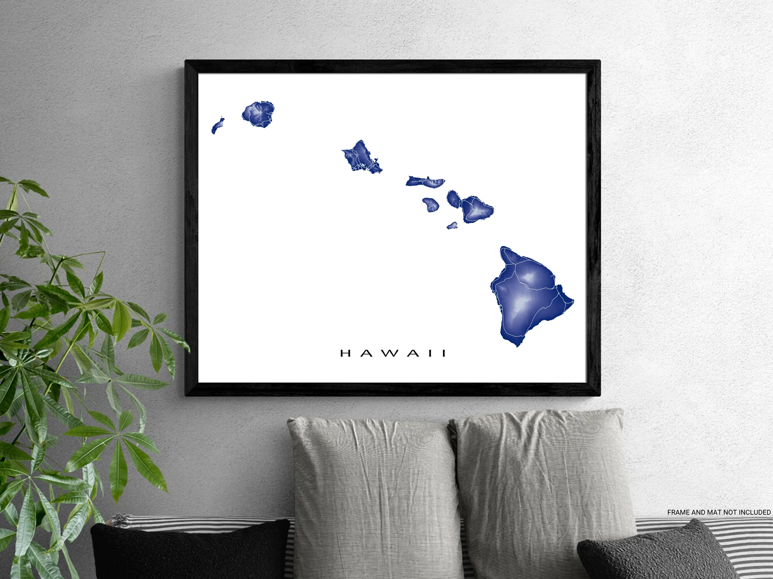 Hawaii Map Wall Art Print Poster, Topographic Hawaiian Islands Road Maps, Maui Honolulu Kauai Oahu