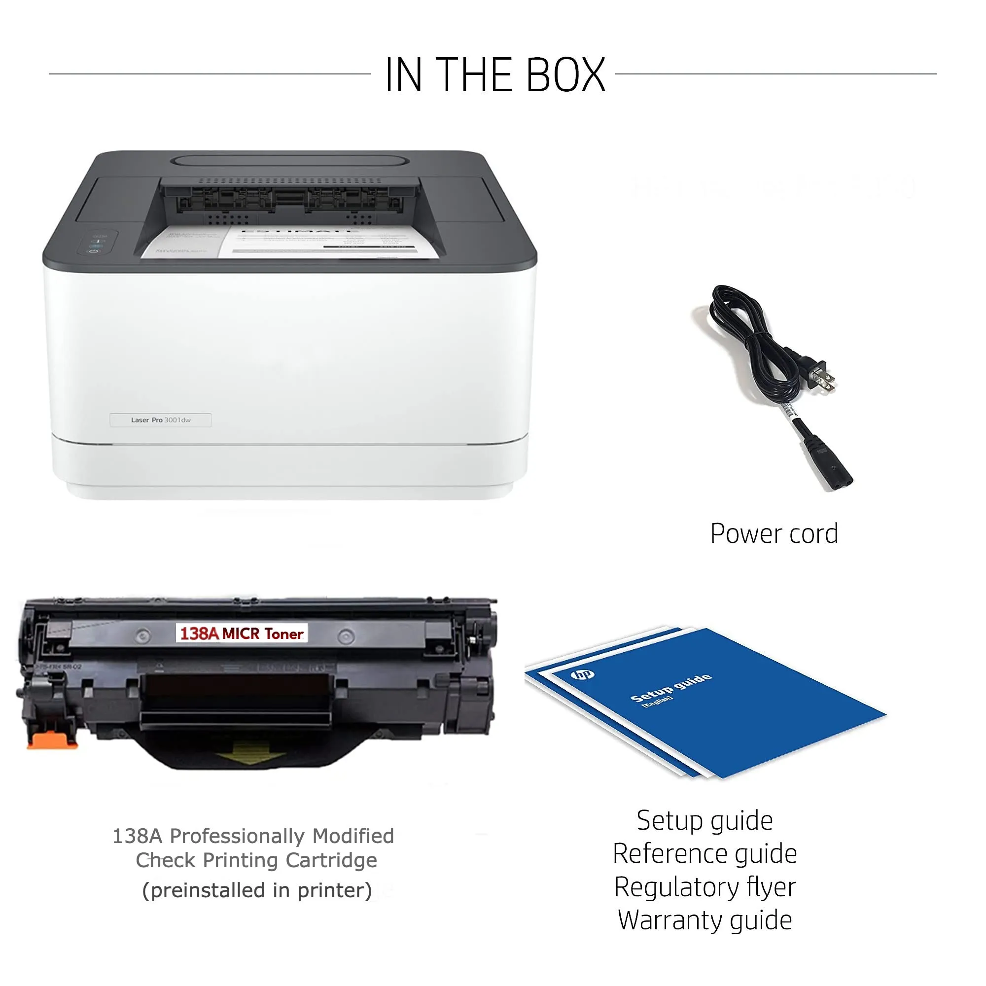 HP 3001dw LaserJet Pro Printer with 1 OEM 138A Modified MICR Cartridge