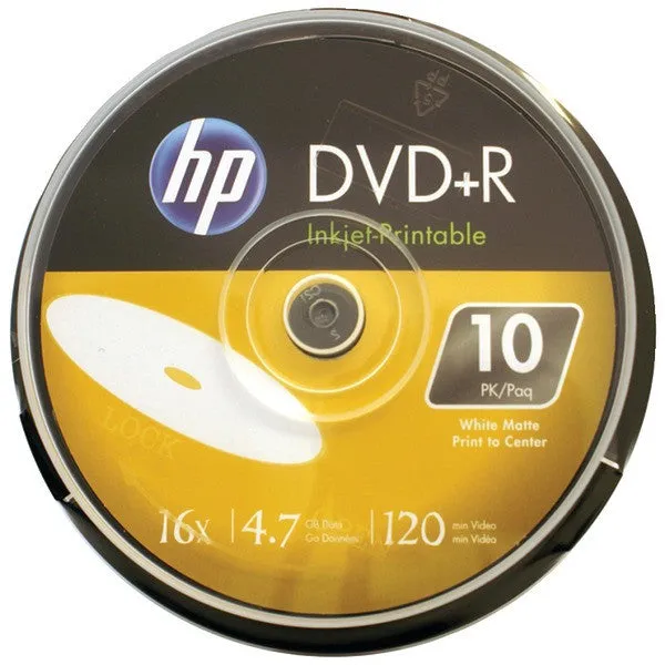 HP DR16WIJH010CB 4.7GB 16x Printable DVD Rs, 10-ct Cake Box Spindle